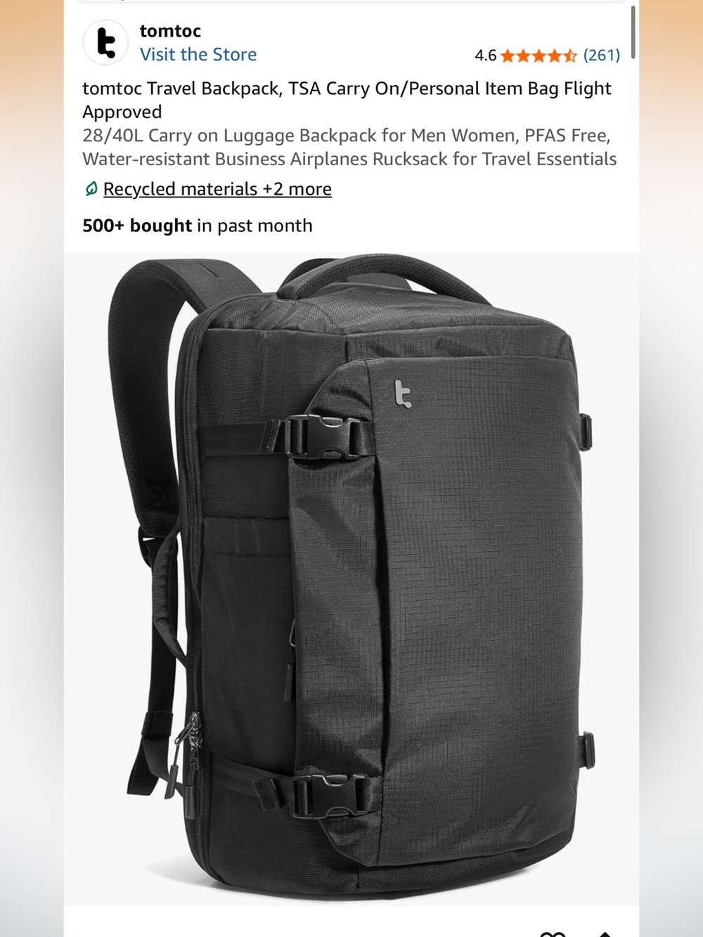 Tomtoc Black Urban Carry-On Backpack with Secure Organizer
